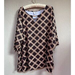 Charter Club Women's Printed Keyhole Tunic Blouse 3/4 Sleeve Brown Plus Size 2X